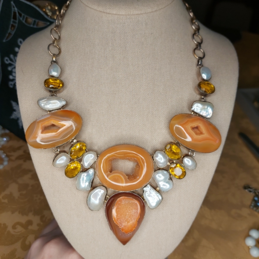 Artisan Sterling Silver Bib Necklace w/ Orca Agate & Biwa Pearls & Chrystals